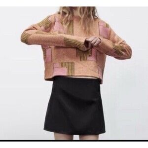 Zara Jacquard Geometric Cropped Sweater Orange Pink Size Small